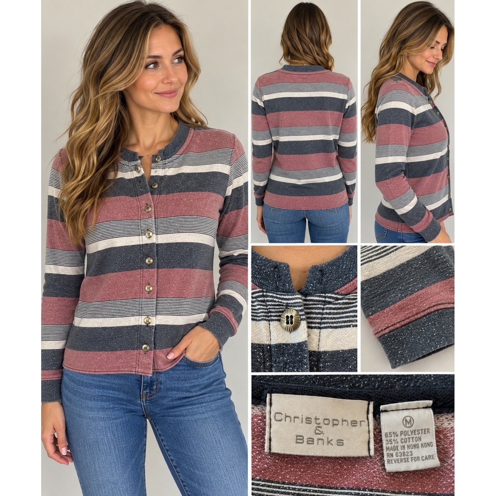 Vintage Christopher & Banks Striped Cardigan Top 90s Y2K Burgundy Navy Medium
